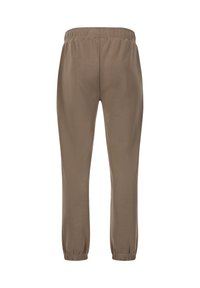 Tapered bruine sweatpants met een elastische tailleband en gathered manchetten. Gemaakt van zachte stof, met een gladde textuur en zonder zichtbare patronen.