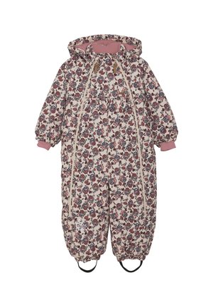 Combinaison de neige à motif floral en rose doux avec des fleurs bleu marine et rouges. Équipée d'une capuche, de poignets élastiques et de cordons de serrage ajustables. Sangles de pied renforcées.