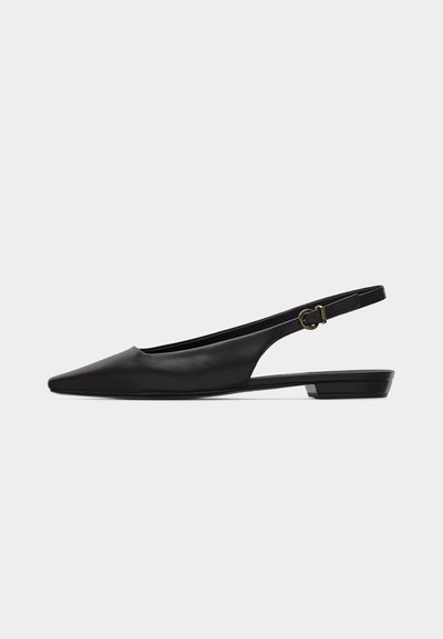 Black leather women's slingback flat shoe with pointed toe and small heel, featuring an adjustable side buckle strap.