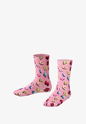 Rosa Socken mit einem verspielten Muster aus bunten Smiley-Gesichtern und Buchstaben, aus weichem, dehnbarem Stoff und mit mittellanger Wadenabdeckung.
