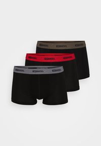 Schwarze, graue und rote Boxershorts mit kontrastierenden Farben am Bund; das Diesel-Logo ist auf jedem Bund angebracht; aus einem glatten Stoff gefertigt.