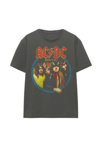 Dark gray t-shirt featuring a graphic of the band AC/DC, with the text "HIGHWAY TO HELL" in bold red and yellow font. Cotton material.