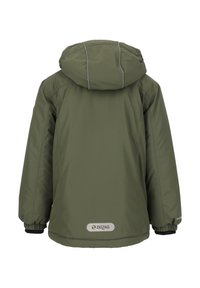 Giacca imbottita verde oliva con cappuccio. Presenta polsini elasticizzati, cuciture riflettenti e una patch con logo sull'orlo posteriore.