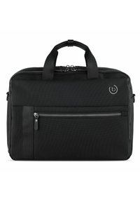 Sac à dos noir pour ordinateur portable avec un tissu texturé, deux poignées sur le dessus et une poche zippée à l'avant avec des accessoires en argent. Design propre et rectangulaire.