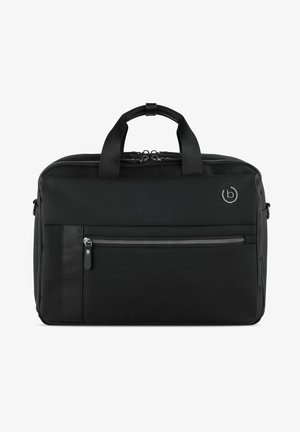 Sac à dos noir pour ordinateur portable avec un tissu texturé, deux poignées sur le dessus et une poche zippée à l'avant avec des accessoires en argent. Design propre et rectangulaire.