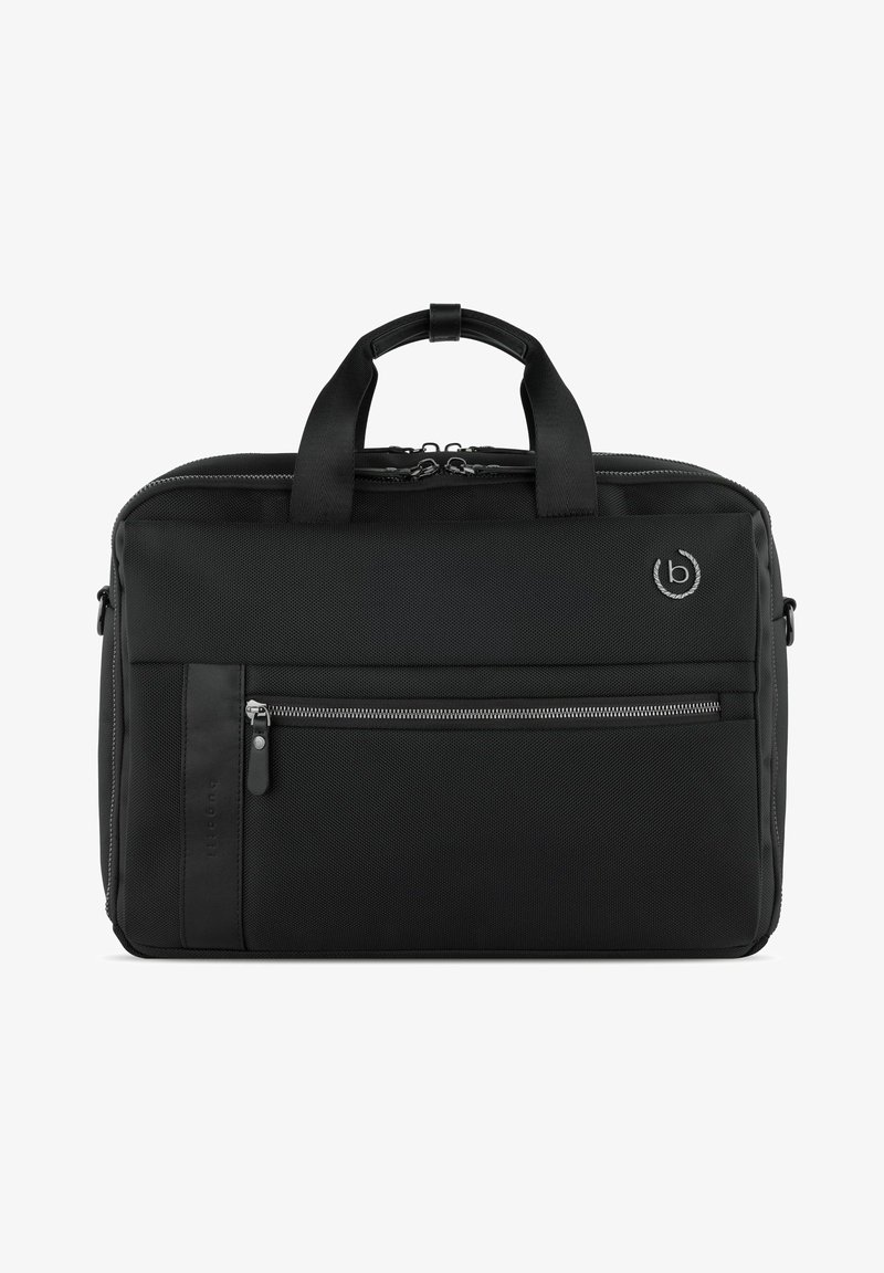 Sac à dos noir pour ordinateur portable avec un tissu texturé, deux poignées sur le dessus et une poche zippée à l'avant avec des accessoires en argent. Design propre et rectangulaire.