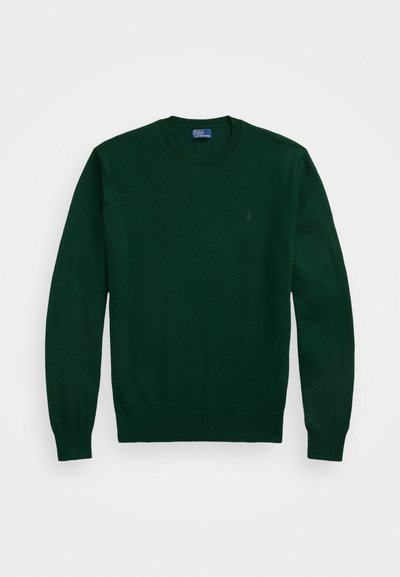 Dark green knitted sweater with a round neckline, long sleeves, and subtle logo detail on the chest. Smooth texture, classic fit.