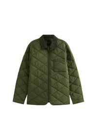 Olive green, pikowana kurtka z zamkiem z przodu, w rombowy wzór, z kołnierzykiem wyłogowym i kieszenią na lewym brzegu klatki piersiowej. Gładka faktura materiału.