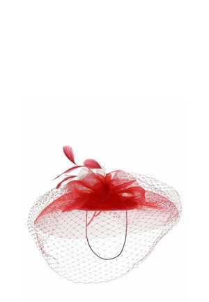 Red fascinator hat with decorative mesh, feathers, and a flower-like bow detail, designed for formal occasions or special events.