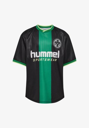 Sort sportsjersey med vertikale grønne striber, V-hals og "hummel" logo. Glat tekstur, korte ærmer med grønne detaljer.