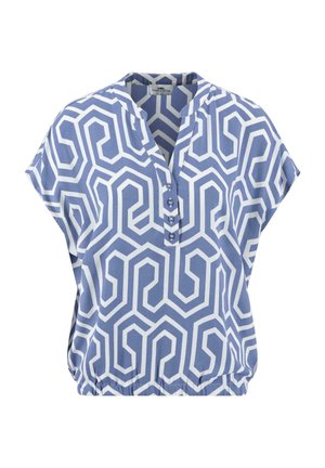 Zila un balta blūze ar rakstu, kas piedāvā ģeometrisku dizainu, īsām piedurknēm, iegriezta apkakle un pogu detaļas priekšpusē.