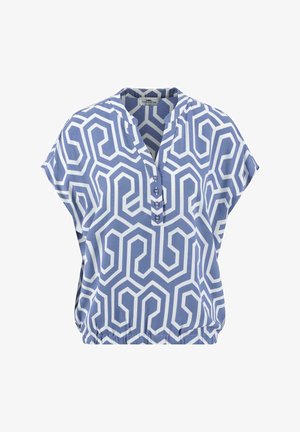 Bluse mit blauem und weißem Muster, geprägtem geometrischen Design, kurzen Ärmeln, einem kleinen Kragen und Knopfdetails an der Vorderseite.