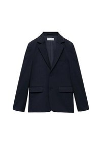 Blazer blu navy con un design strutturato, revers a lancia, due tasche frontali e due bottoni. Il tessuto ha una texture liscia.