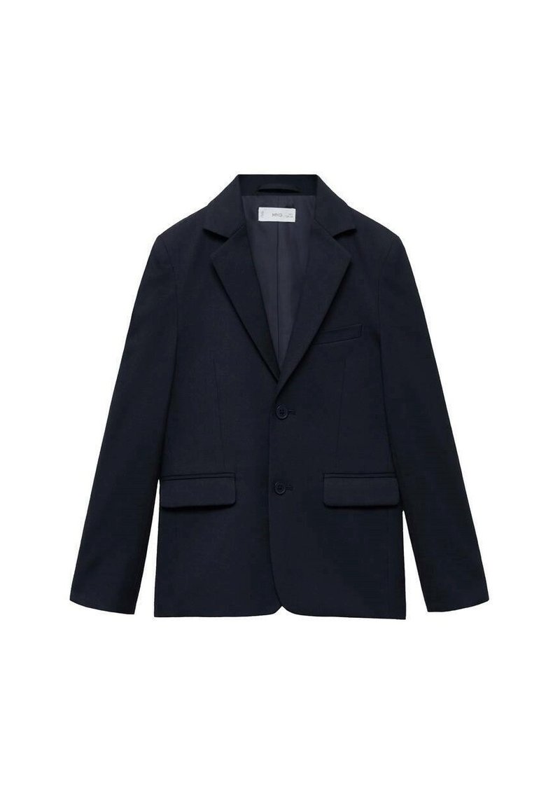 Blazer blu navy con un design strutturato, revers a lancia, due tasche frontali e due bottoni. Il tessuto ha una texture liscia.