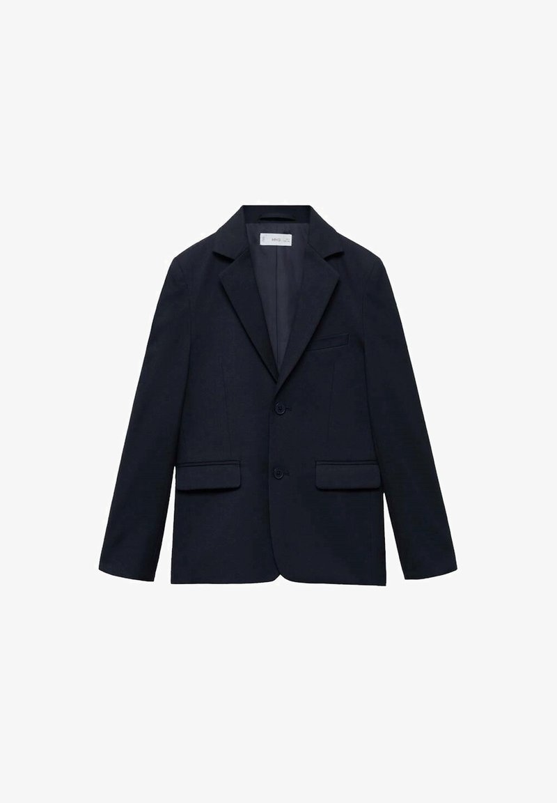 Námornícky modrý blejzer so štruktúrovaným dizajnom, s klopovými goliermi, dvoma prednými vreckami a dvomi gombíkmi. Tkanina má hladkú štruktúru.