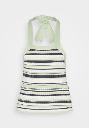 Top bez rukava s vezanjem oko vrata, s horizontalnim prugama u bijeloj, svijetlozelenoj i tamnosivoj rebrastoj pletenini.