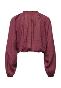 Blouse courte à manches longues en tissu froissé mauve foncé avec poignets élastiques et col froncé.