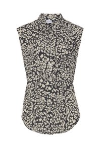 Ärmlös blus i svart och beige djurmönster. Har en knapp-up-front och två bröstfickor. Mjuktyg med en slät textur.