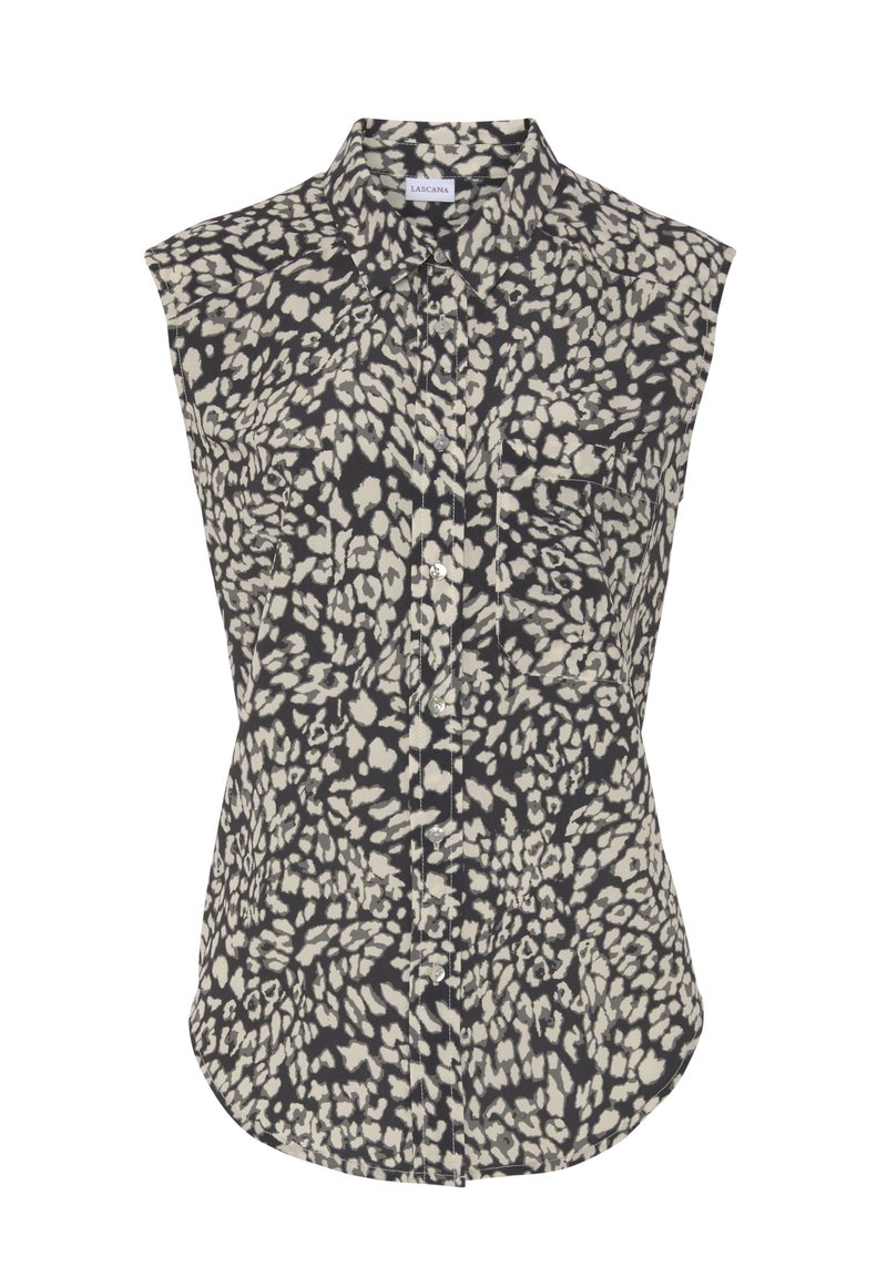 Ärmlös blus i svart och beige djurmönster. Har en knapp-up-front och två bröstfickor. Mjuktyg med en slät textur.