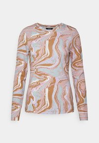 Långärmad topp i ett marmor-mönster med rosa, bruna och akvamarina nyanser. Slät bomullstyg med rund halsringning och figurnära design.