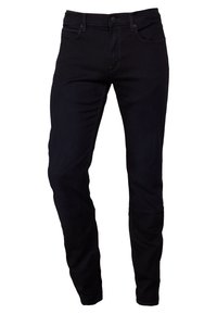 Jeans in denim blu scuro con vestibilità slim, design a cinque tasche e chiusura con bottone; texture liscia con dettagli di cucitura discreti.