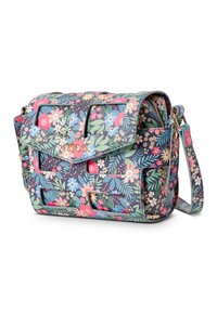 Borsa a tracolla floreale realizzata in materiale sintetico; presenta uno sfondo scuro con fiori colorati, doppi manici superiori e tracolla regolabile.