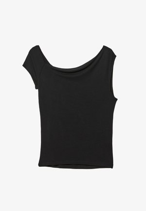 Černý krátký rukáv top vyrobený z hladké látky; má drapovaný výstřih a asymetrický lem, s přiléhavým střihem.