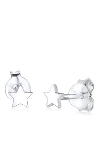Silberne Ohrringe mit Sternform aus Metall, mit glänzender Oberfläche und Butterfly-Verschluss. Sie verfügen über eine glatte, polierte Textur.