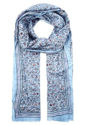 Light blue scarf with a delicate floral pattern in purple, orange, and green, featuring thin striped borders and fringed edges.