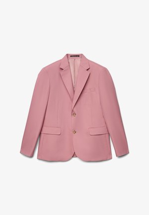 Rosa maßgeschneiderter Blazer mit Kerbklappen, zwei Knöpfen, Pattentaschen und einer Brusttasche, präsentiert vor weißem Hintergrund.
