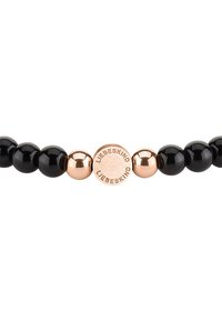 Bracciale in perline nere con sfere nere lucide e una perla accentata in oro rosa con il logo inciso "LIEBESKIND".