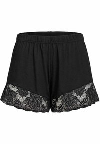 Zwarte shorts met een elastische tailleband, voorzien van een kanten rand aan de onderkant met bloemenpatronen en een geschulpte rand. Zacht katoenmateriaal.