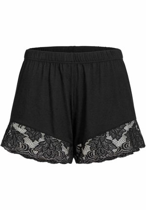 Schwarze Shorts mit einem elastischen Bund, am Saum mit einer Spitzenbordüre und floralen Mustern sowie einer gewellten Kante. Aus weichem Baumwollmaterial.
