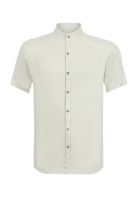 Hellgrünes Kurzarmhemd mit Stehkragen, frontale Knopfleiste mit Holzknöpfen. Hergestellt aus einem strukturierten, atmungsaktiven Stoff.