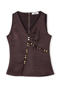 Brown sleeveless top with a V-neck, featuring a textured fabric and decorative gold-tone buttons along a diagonal seam. Back zip closure.