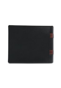 Black leather wallet with smooth texture, bi-fold design, featuring a brown accent on the side and subtle stitching details.