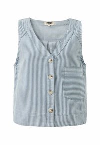 Hellblau gestreiftes ärmelloses Top mit V-Ausschnitt, fünf Knöpfen auf der Vorderseite und einer linken Brusttasche. Hergestellt aus weichem Stoff.