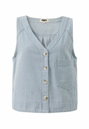 Hellblau gestreiftes ärmelloses Top mit V-Ausschnitt, fünf Knöpfen auf der Vorderseite und einer linken Brusttasche. Hergestellt aus weichem Stoff.