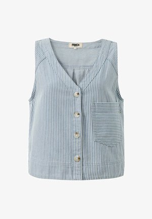 Lichtblauw gestreept mouwloos topje met een v-hals, vijf knopen aan de voorkant en een borstzakje aan de linkerkant. Gemaakt van zachte stof.