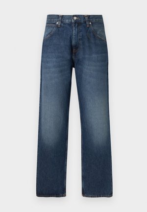 Dark blue straight-leg jeans with front button and zipper closure, front pockets, and subtle faded detailing on thighs.