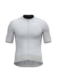 Light gray cycling jersey with short sleeves, featuring a full front zipper, textured side paneling, and the logo "BIORACER" on the chest.