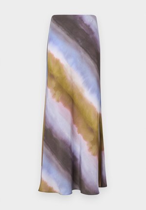 Falda maxi de tejido suave con un estampado de teñido anudado en tonos de púrpura, marrón y verde. Diseño acampanado con una textura suave y fluida.