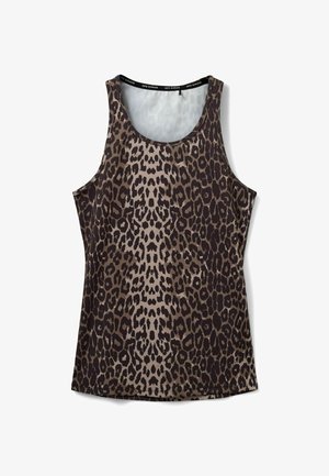 Débardeur en imprimé léopard dans des nuances de brun et noir, sans manches, fabriqué en tissu lisse et extensible avec un col rond.