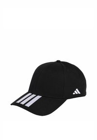 Gorra de béisbol negra hecha de tela, con visera curva, diseño a rayas blancas en la parte frontal y un pequeño logo de Adidas en el lateral.