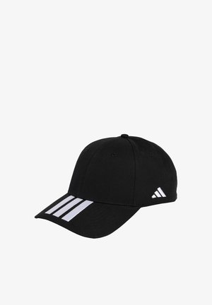 Gorra de béisbol negra hecha de tela, con visera curva, diseño a rayas blancas en la parte frontal y un pequeño logo de Adidas en el lateral.