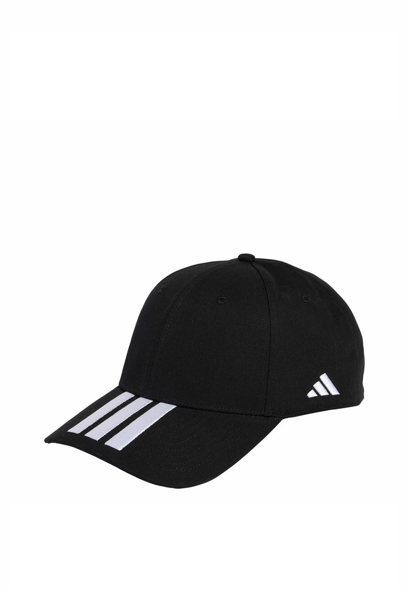 Gorra de béisbol negra hecha de tela, con visera curva, diseño a rayas blancas en la parte frontal y un pequeño logo de Adidas en el lateral.