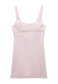 Blassrosa Tanktop mit quadratischem Ausschnitt, breiten Trägern und taillierter Silhouette. Verfügt über vertikale Nähte für Struktur und eine glatte Textur.