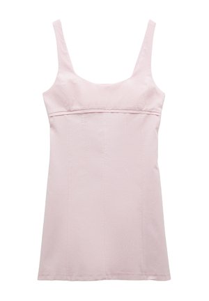 Vaaleanpunainen hihaton paita, jossa on nelikulmainen pääntie, leveät olkaimet ja kapea siluetti. Sisältää pystysuorat saumat rakenteen ja sileän tekstuurin aikaansaamiseksi.