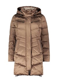 Daunenjacke in Hellbraun mit Kapuze, mit gesteppten Abschnitten, Reißverschluss vorne und zwei seitlichen Taschen. Strukturiertes, wasserabweisendes Material.