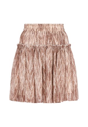 Hnedá a krémová sukňa so vzorom, s elastickým pásom, vrstveným dizajnom a zberanou textúrou. Obsahuje volánový okraj pre pridaný detail.